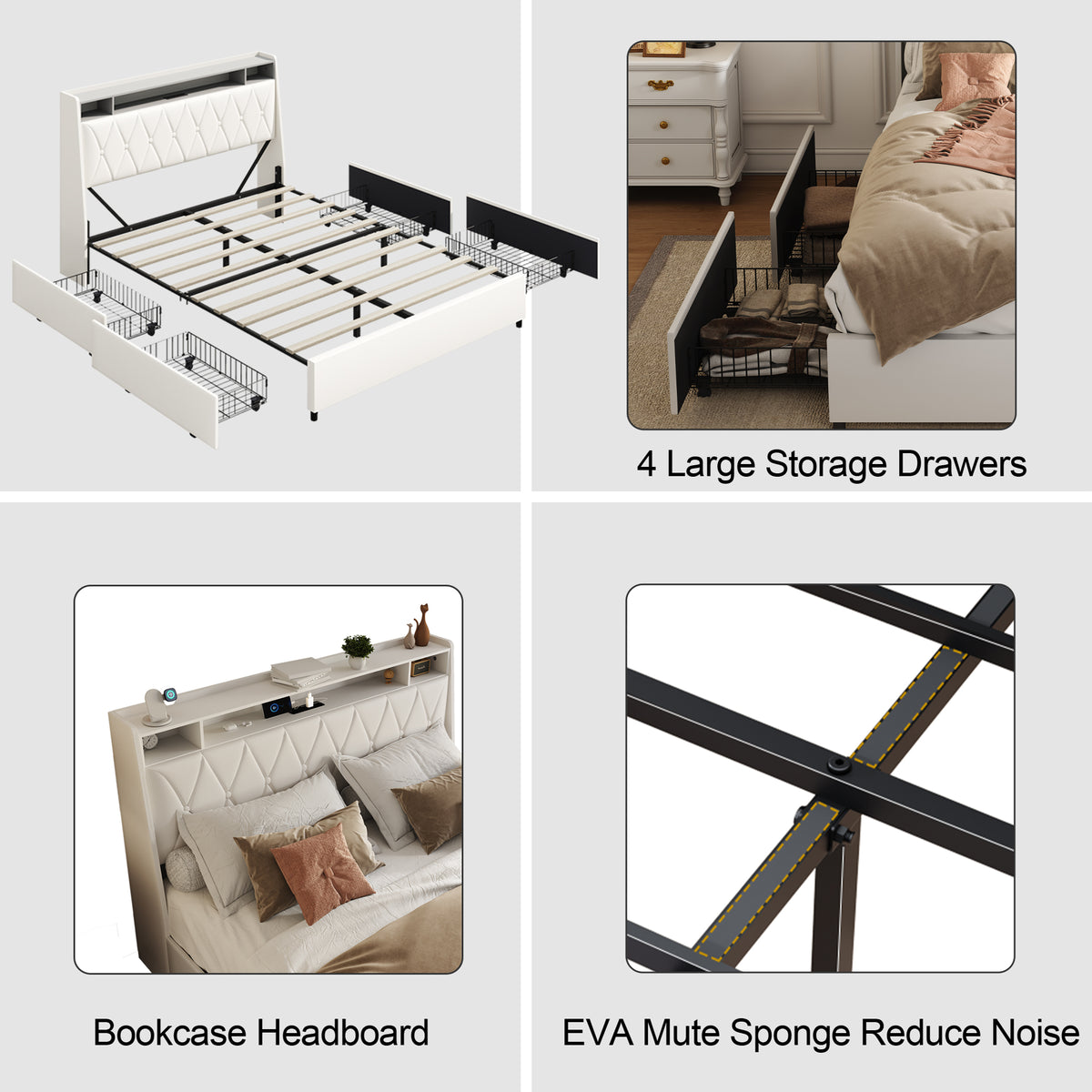 Queen platform bed frame with signature white faux leather upholstery by Anthony & Home, showcasing a modern, sleek design and sturdy structure.