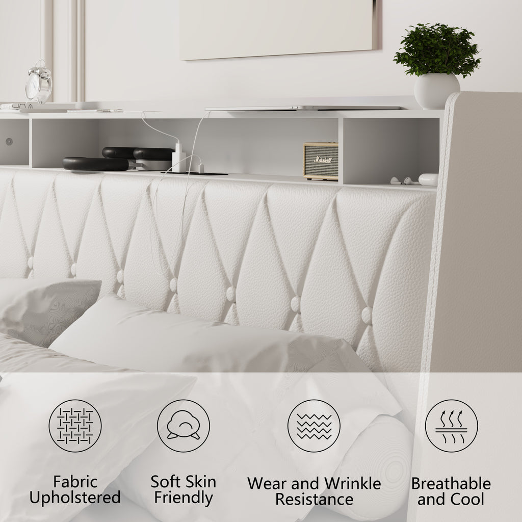 Queen platform bed frame with signature white faux leather upholstery by Anthony & Home, showcasing a sleek, modern design.