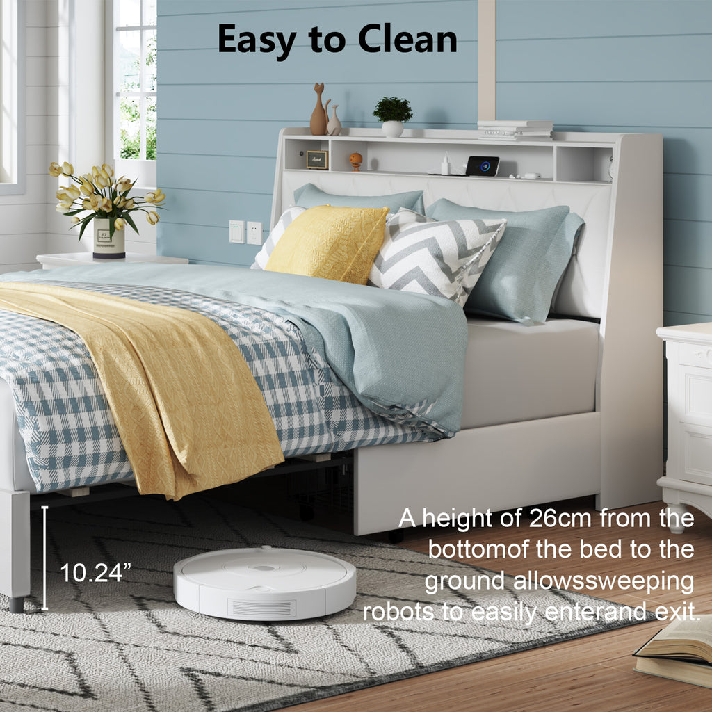 Queen platform bed frame with signature white faux leather upholstery by Anthony & Home, showcasing a modern and stylish bedroom furniture piece.