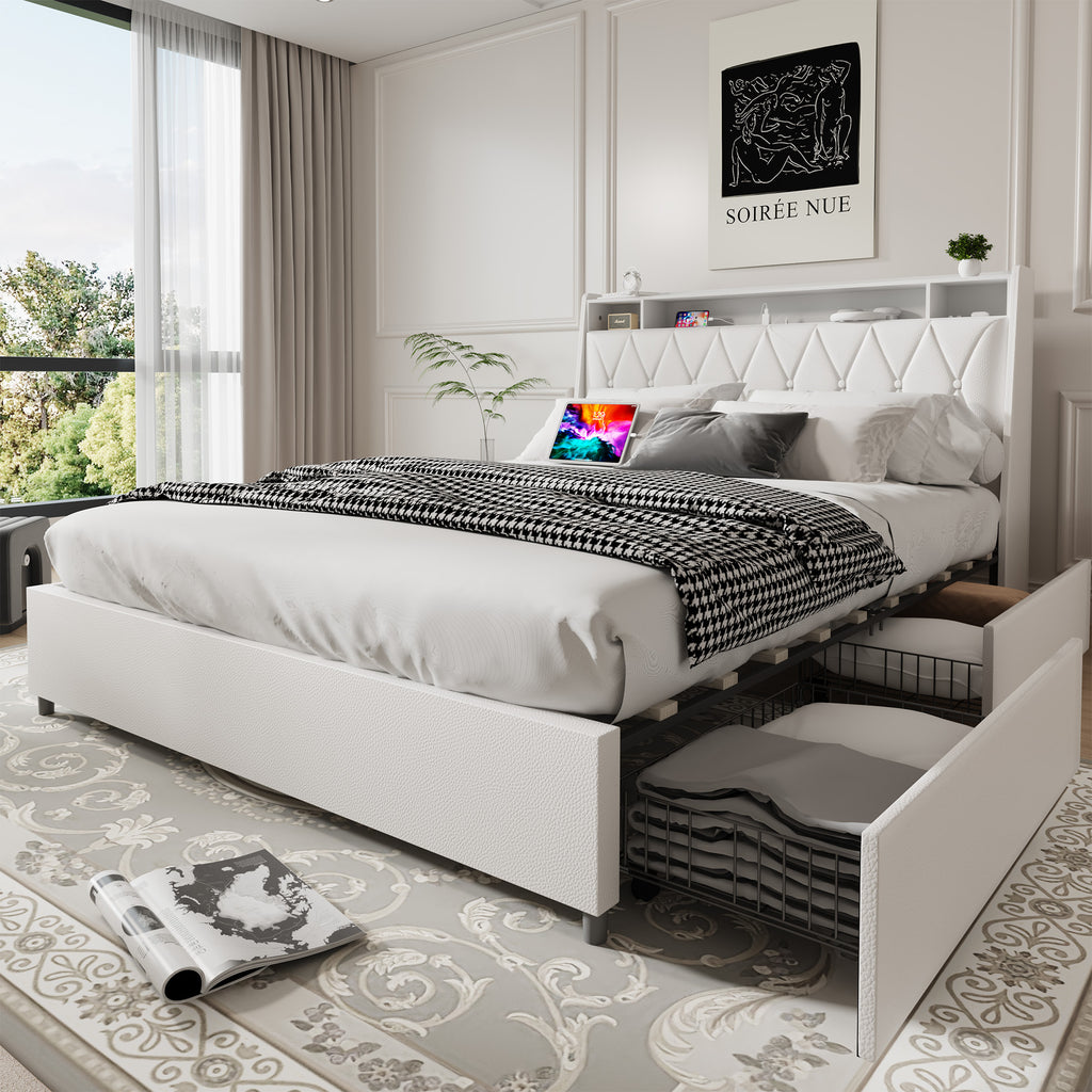 Queen platform bed frame with signature white faux leather upholstery, sleek design by Anthony & Home.
