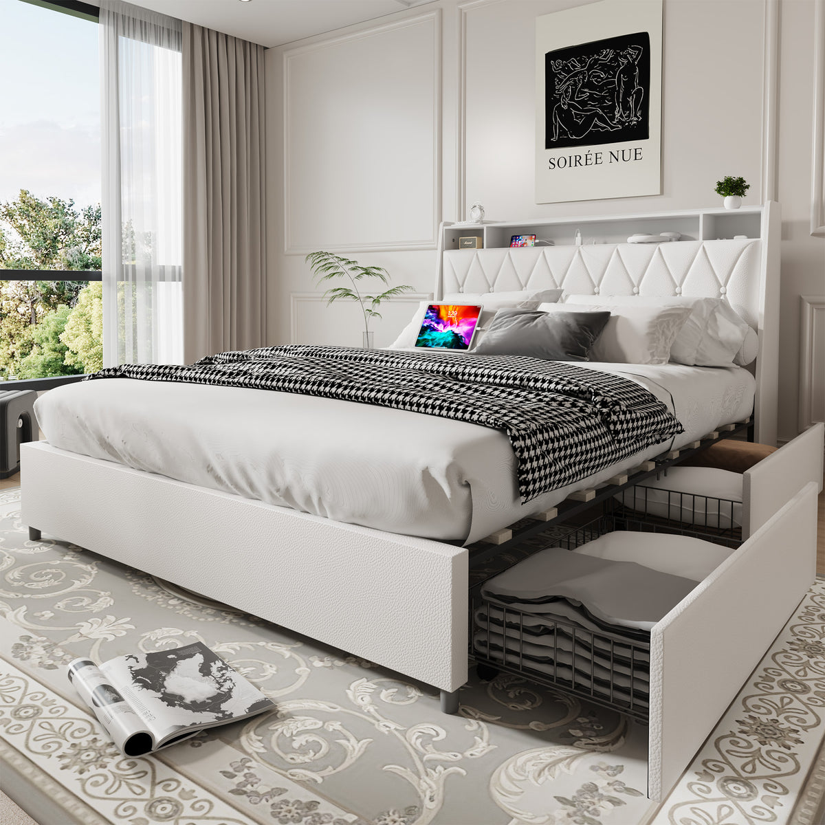 Queen platform bed frame with signature white faux leather upholstery, sleek design by Anthony & Home.