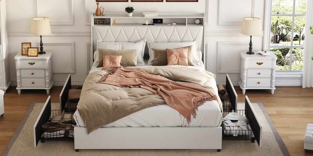 Queen platform bed frame with signature white faux leather upholstery by Anthony & Home, showcasing a sleek, modern design.