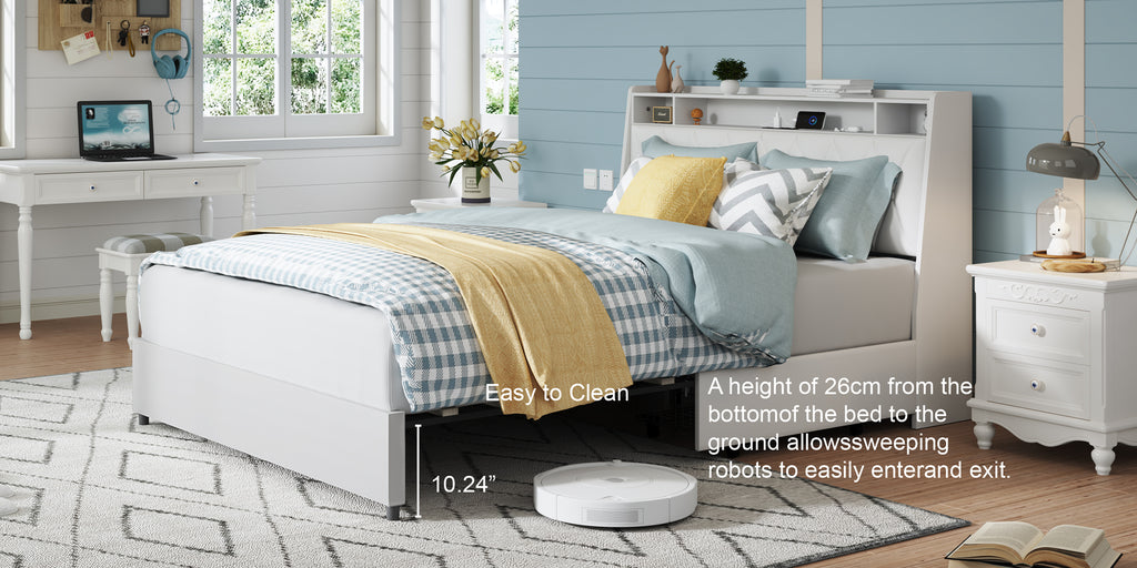 Queen platform bed frame by Anthony & Home with signature white faux leather upholstery and modern design.
