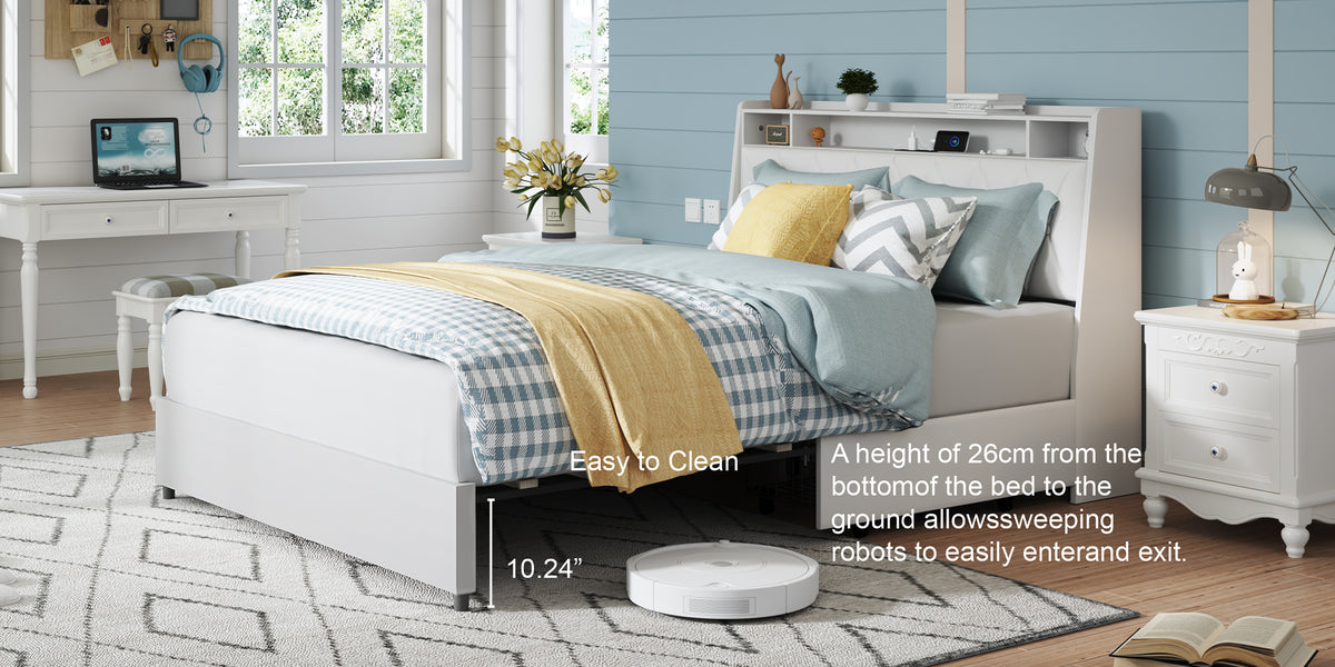 Queen platform bed frame by Anthony & Home with signature white faux leather upholstery and modern design.