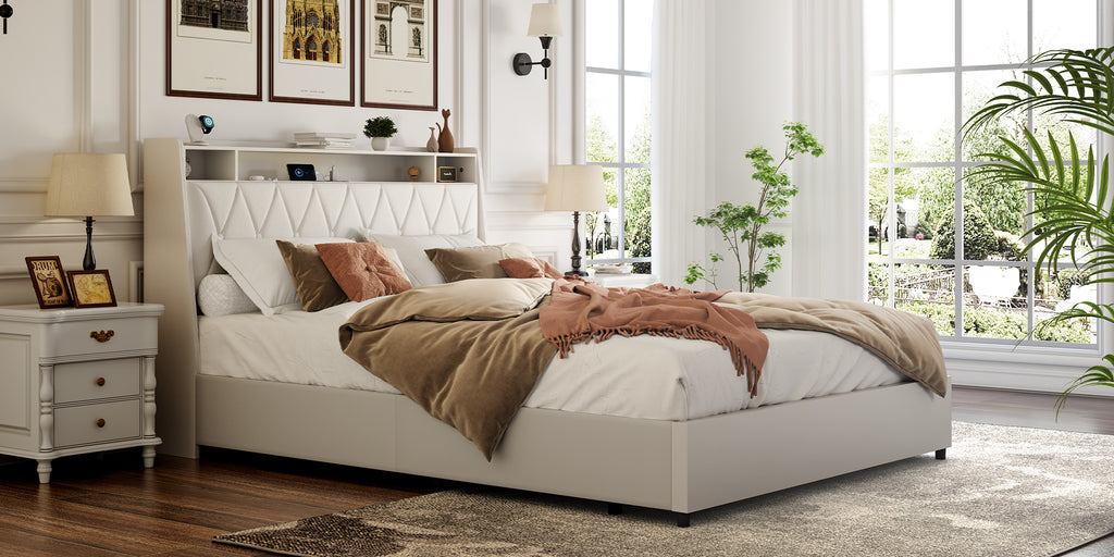Queen platform bed frame with signature white faux leather upholstery by Anthony & Home, featuring a sleek modern design.