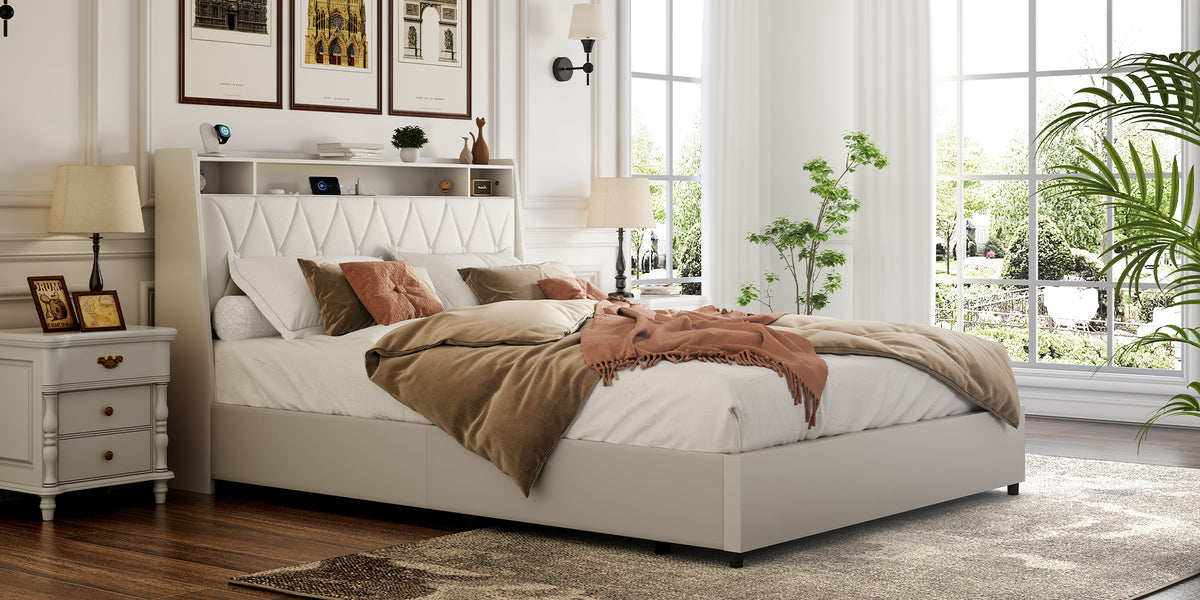 Queen platform bed frame with signature white faux leather upholstery by Anthony & Home, featuring a sleek modern design.