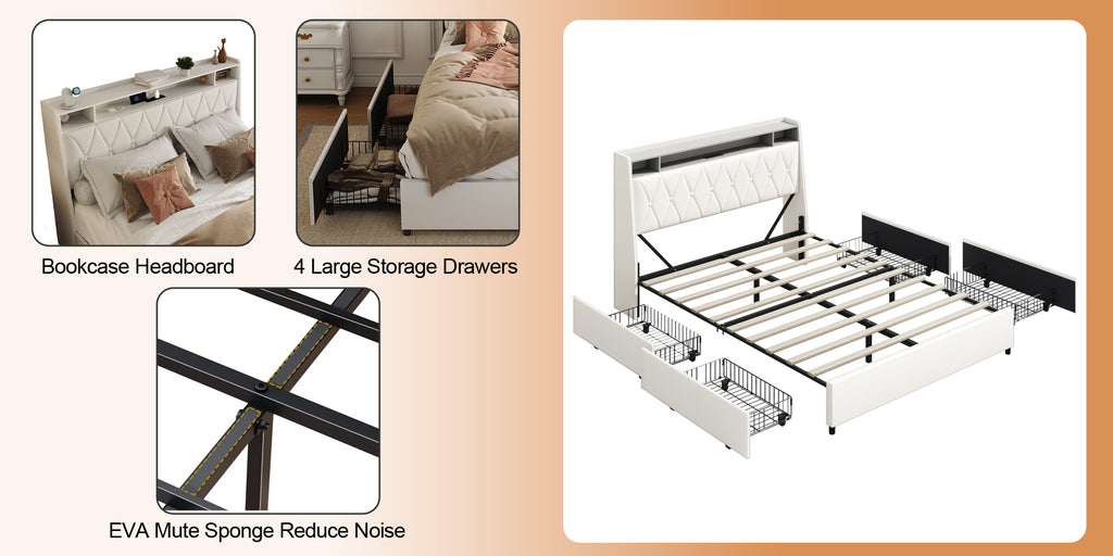 Queen platform bed frame by Anthony & Home with signature white faux leather upholstery and modern design.