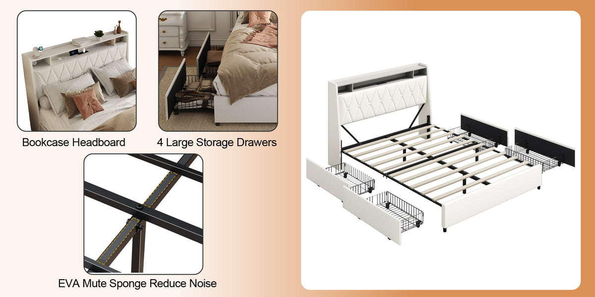 Queen platform bed frame by Anthony & Home with signature white faux leather upholstery and modern design.