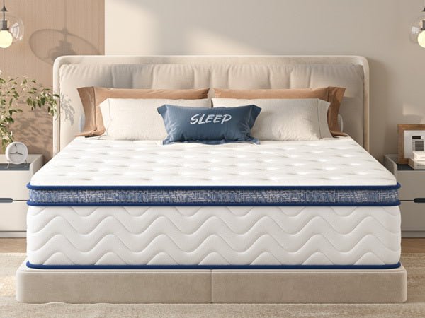 Queen size hybrid mattress from Anthony & Home with a cotton cover, showcasing the plush surface and pocketed innerspring design.