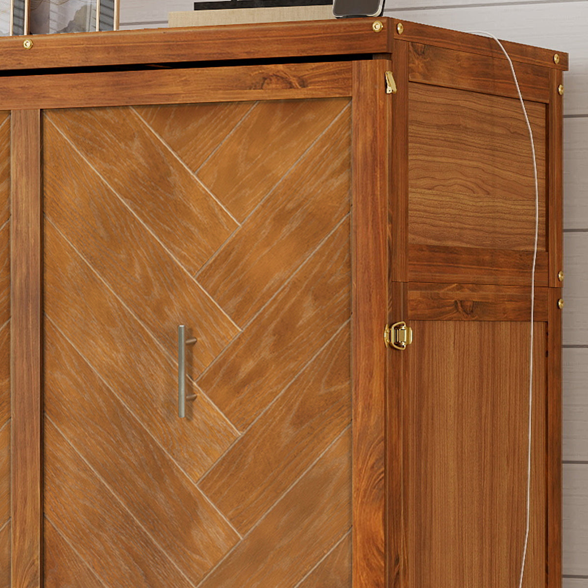 Queen size Walnut Murphy Bed cabinet with geometric panel, USB charging, from Anthony & Home Studio Collection.