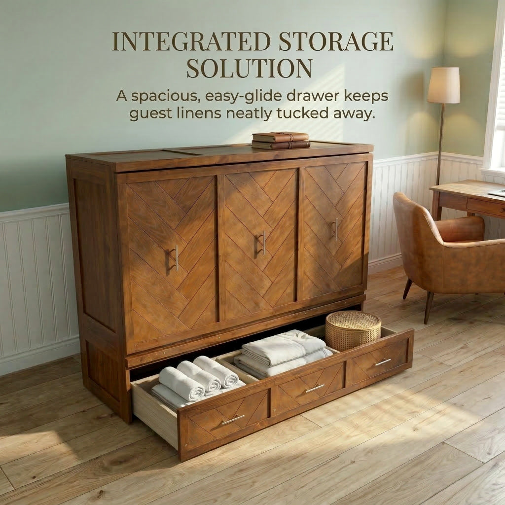 Queen size Walnut Murphy bed cabinet with USB charging and geometric panel from Anthony & Home's Studio Collection.