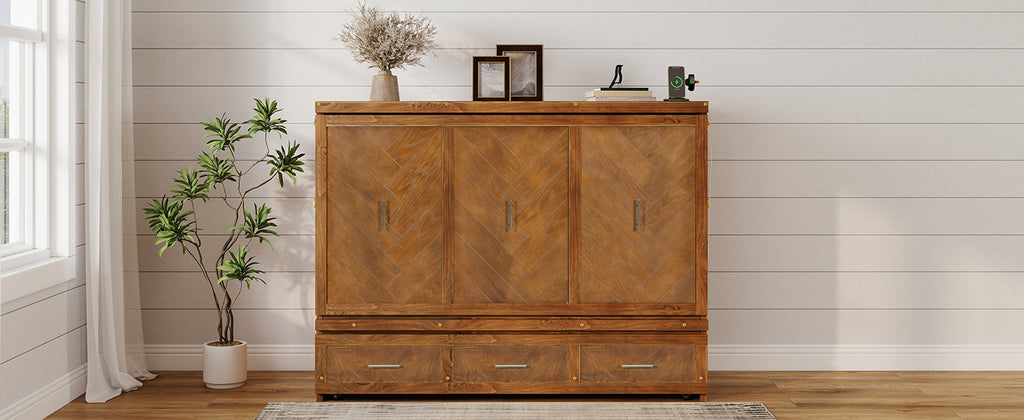 Queen size Walnut Murphy bed cabinet by Anthony & Home with USB charging and geometric panel design in a modern studio style.