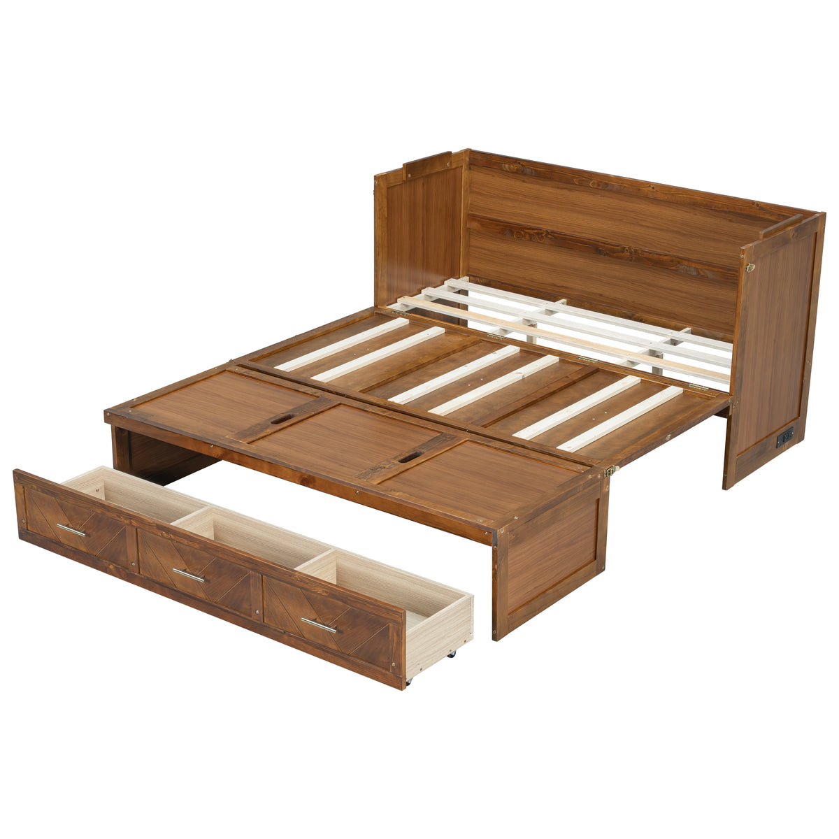 Queen size Walnut cabinet Murphy bed with USB charging and geometric panel from Anthony & Home Studio Collection.