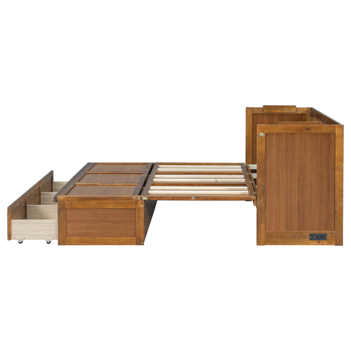 Queen size walnut Murphy bed with geometric panel, USB charging station, from Anthony & Home Studio Collection, shown in a modern bedroom setting.