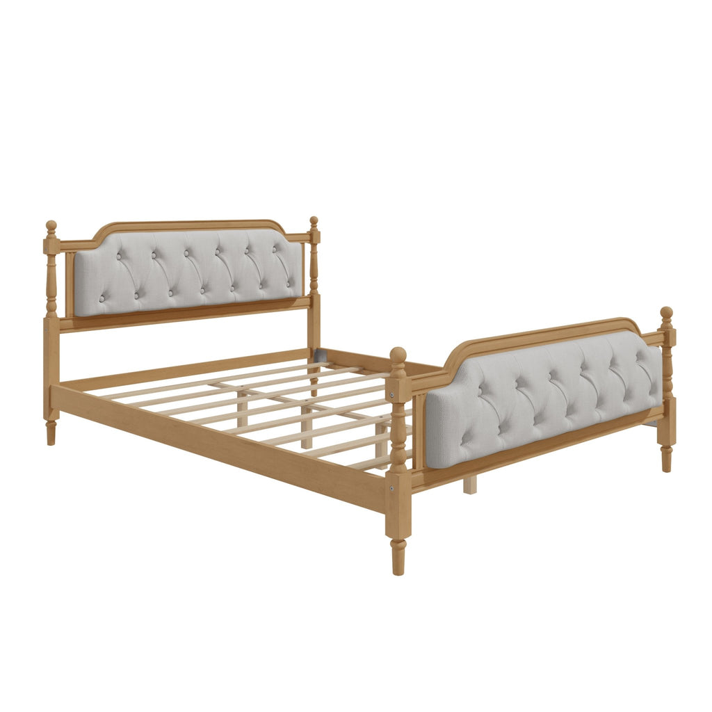 Queen solid wood bed frame with upholstered tufted headboard in antique walnut finish, showcasing elegant bedroom furniture.