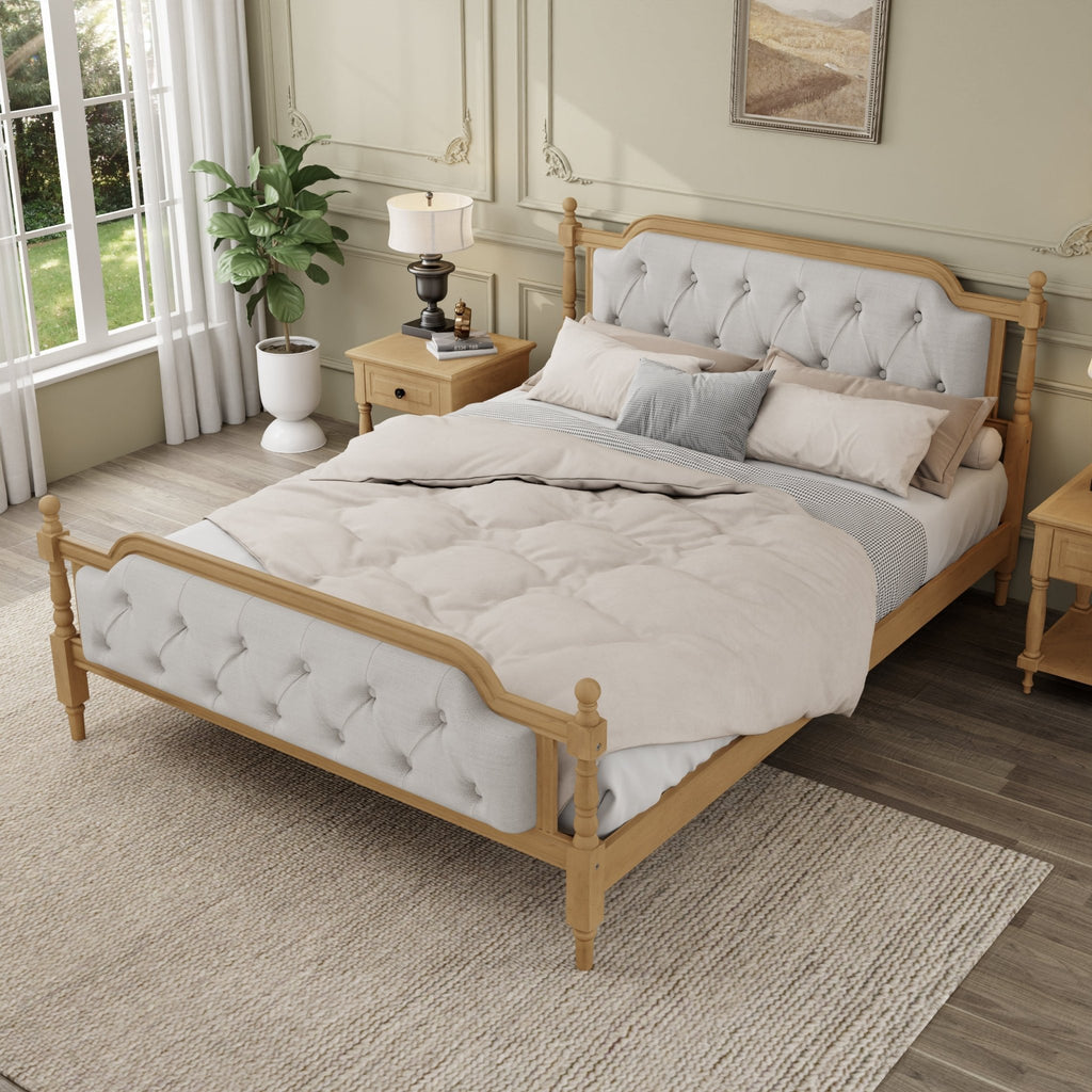 Anthony & Home Queen solid wood bed frame with upholstered tufted headboard in antique walnut finish, showcasing elegant bedroom furniture.