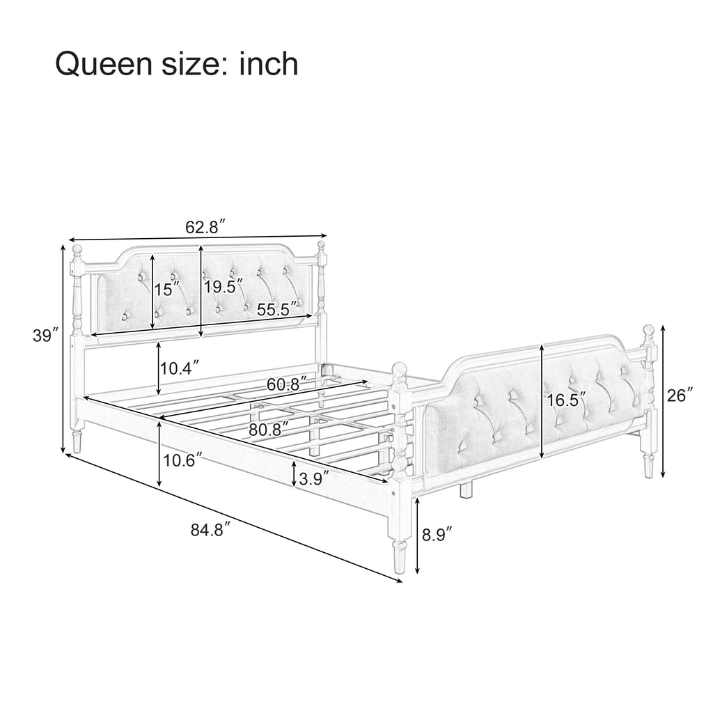 Queen solid wood bed frame with upholstered tufted headboard in antique walnut finish, from Anthony & Home collection.
