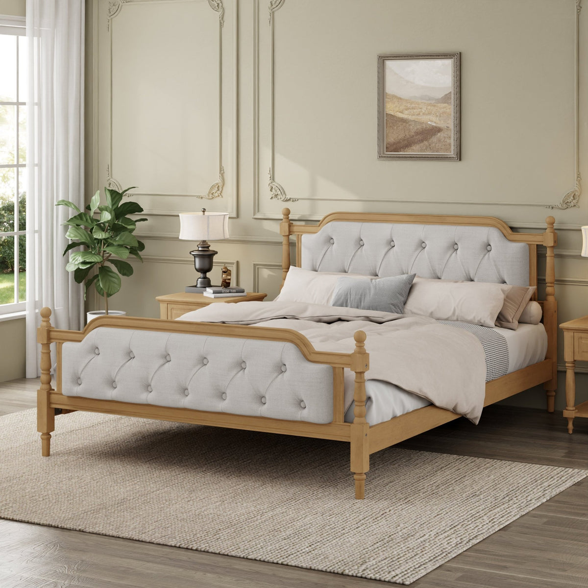 Queen solid wood bed frame with an upholstered tufted headboard in antique walnut, from Anthony & Home collection.