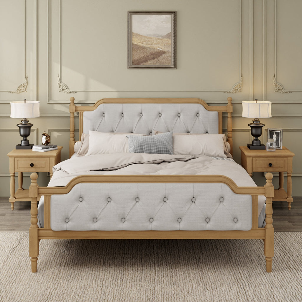 Queen solid wood bed frame with upholstered tufted headboard in antique walnut finish, from Anthony & Home collection.