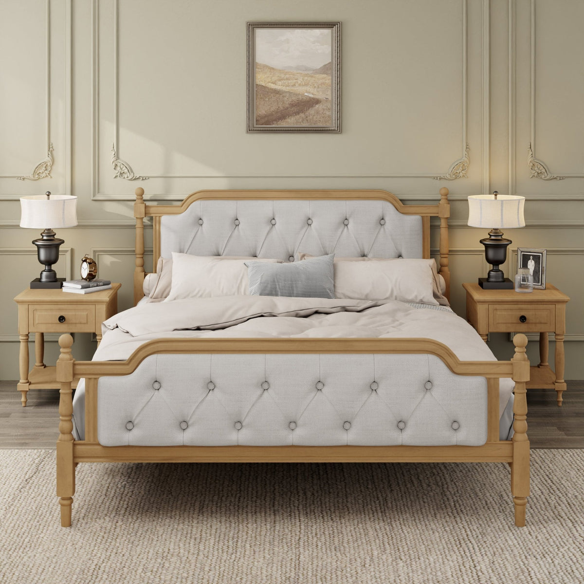 Queen solid wood bed frame with upholstered tufted headboard in antique walnut finish, from Anthony & Home collection.