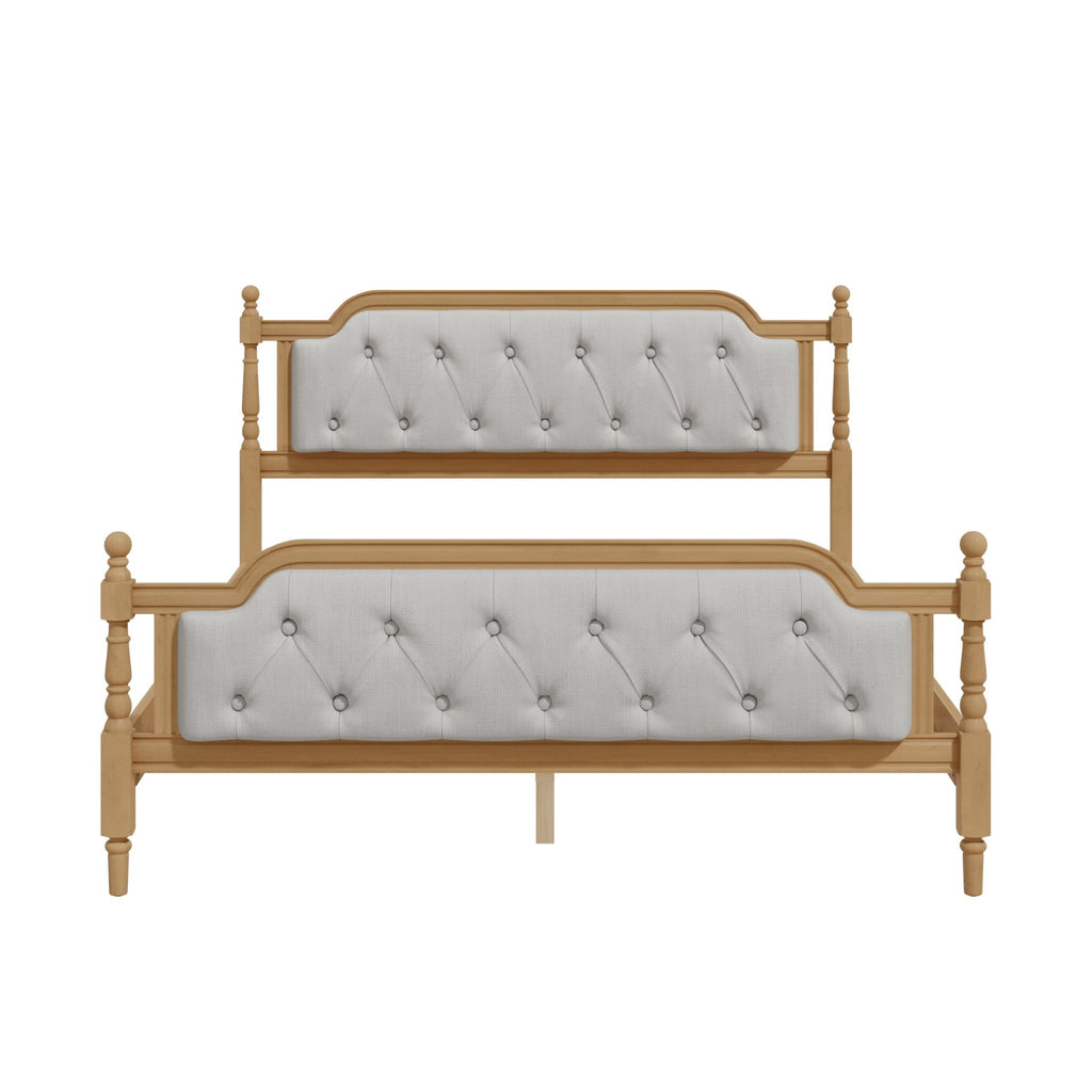 Queen solid wood bed frame with upholstered tufted headboard in antique walnut finish, from Anthony & Home collection.