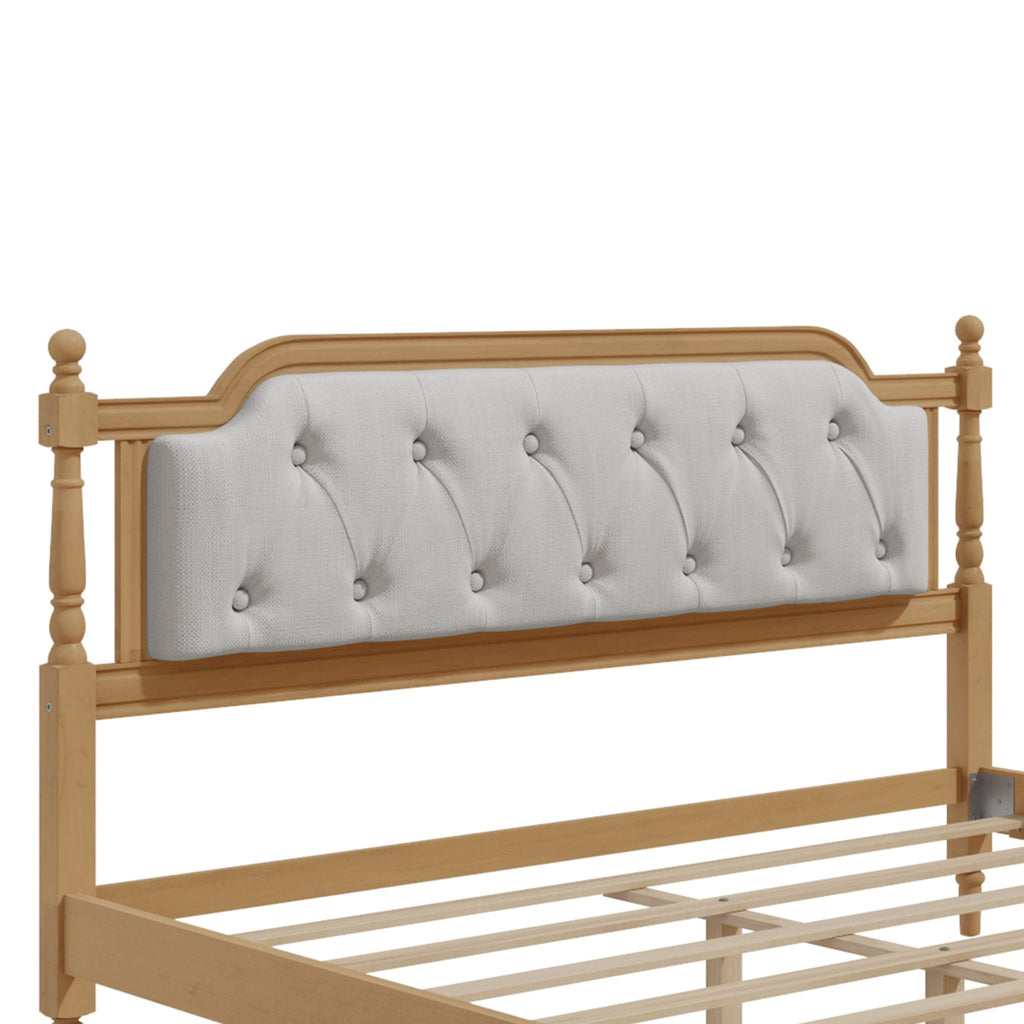 Queen solid wood bed frame with an upholstered tufted headboard in antique walnut finish from Anthony & Home collection.