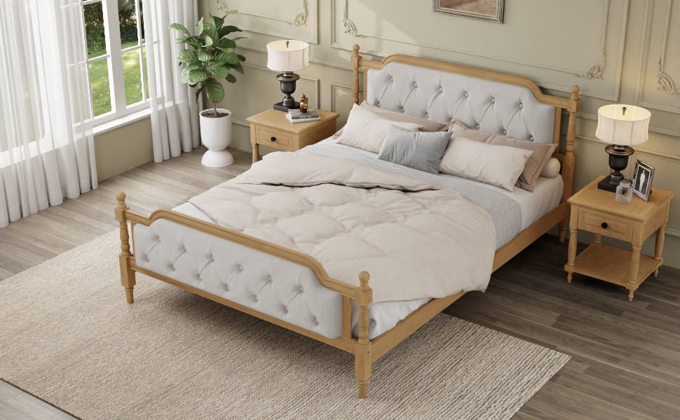 Queen solid wood bed frame with upholstered tufted headboard in antique walnut finish, from Anthony & Home collection.