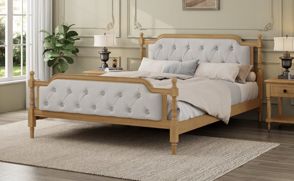Queen solid wood bed frame with upholstered tufted headboard in antique walnut finish by Anthony & Home.