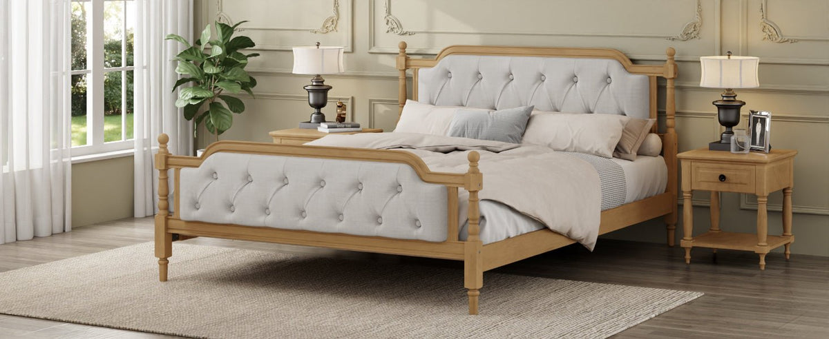Queen solid wood bed frame with upholstered tufted headboard in antique walnut finish, from Anthony & Home collection.