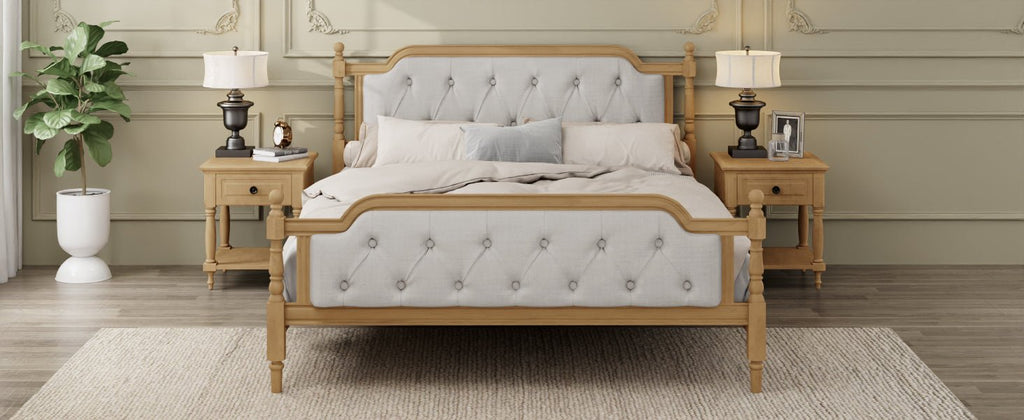 Queen solid wood bed frame with upholstered tufted headboard in antique walnut finish, from Anthony & Home collection