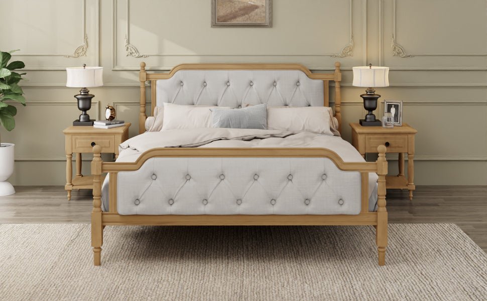Queen solid wood bed frame with an upholstered tufted headboard in antique walnut finish by Anthony & Home.