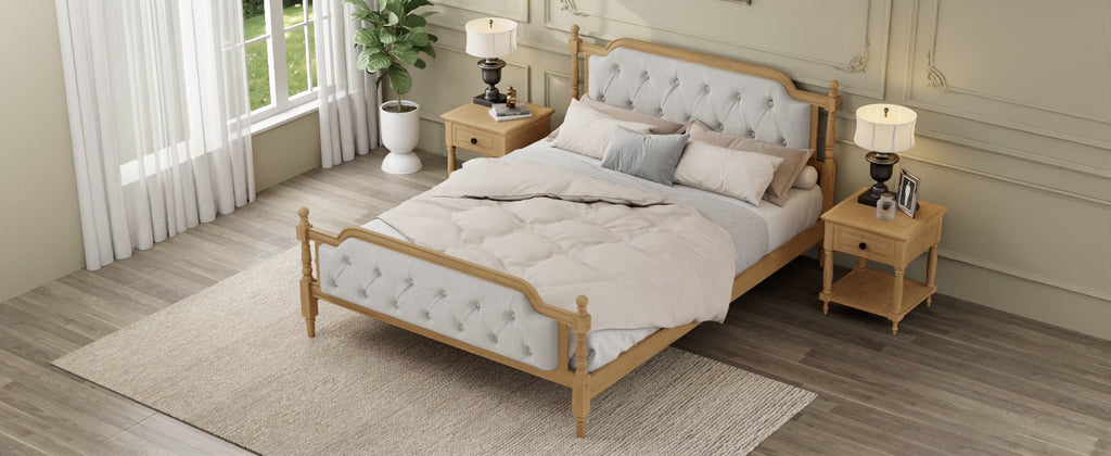 Queen solid wood bed frame with upholstered tufted headboard in antique walnut finish, from Anthony & Home bedroom collection.