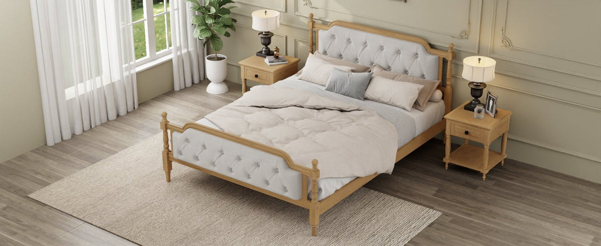 Queen solid wood bed frame with upholstered tufted headboard in antique walnut finish, from Anthony & Home bedroom collection.