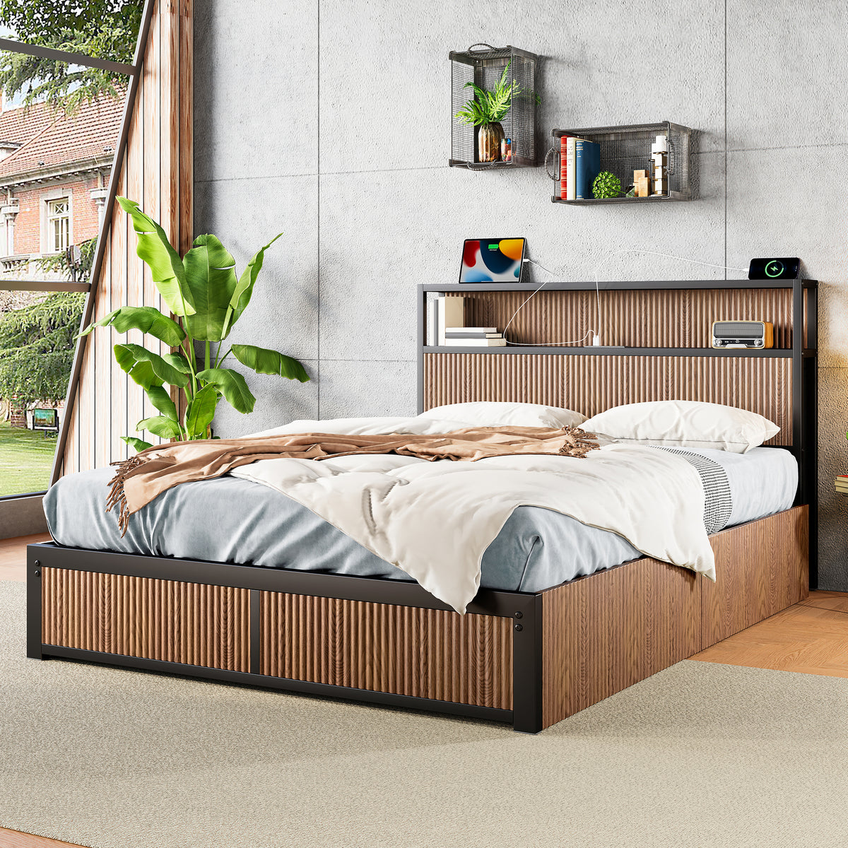 Queen storage platform bed by Anthony & Home in walnut finish, featuring sleek design and built-in storage drawers.