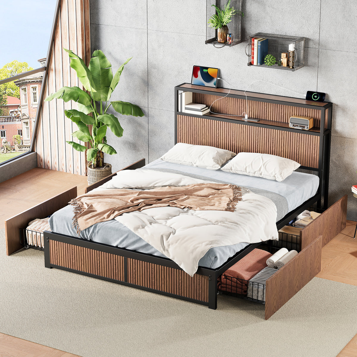 Queen storage platform bed by Anthony & Home with walnut finish, showcasing the sleek design and built-in storage drawers.