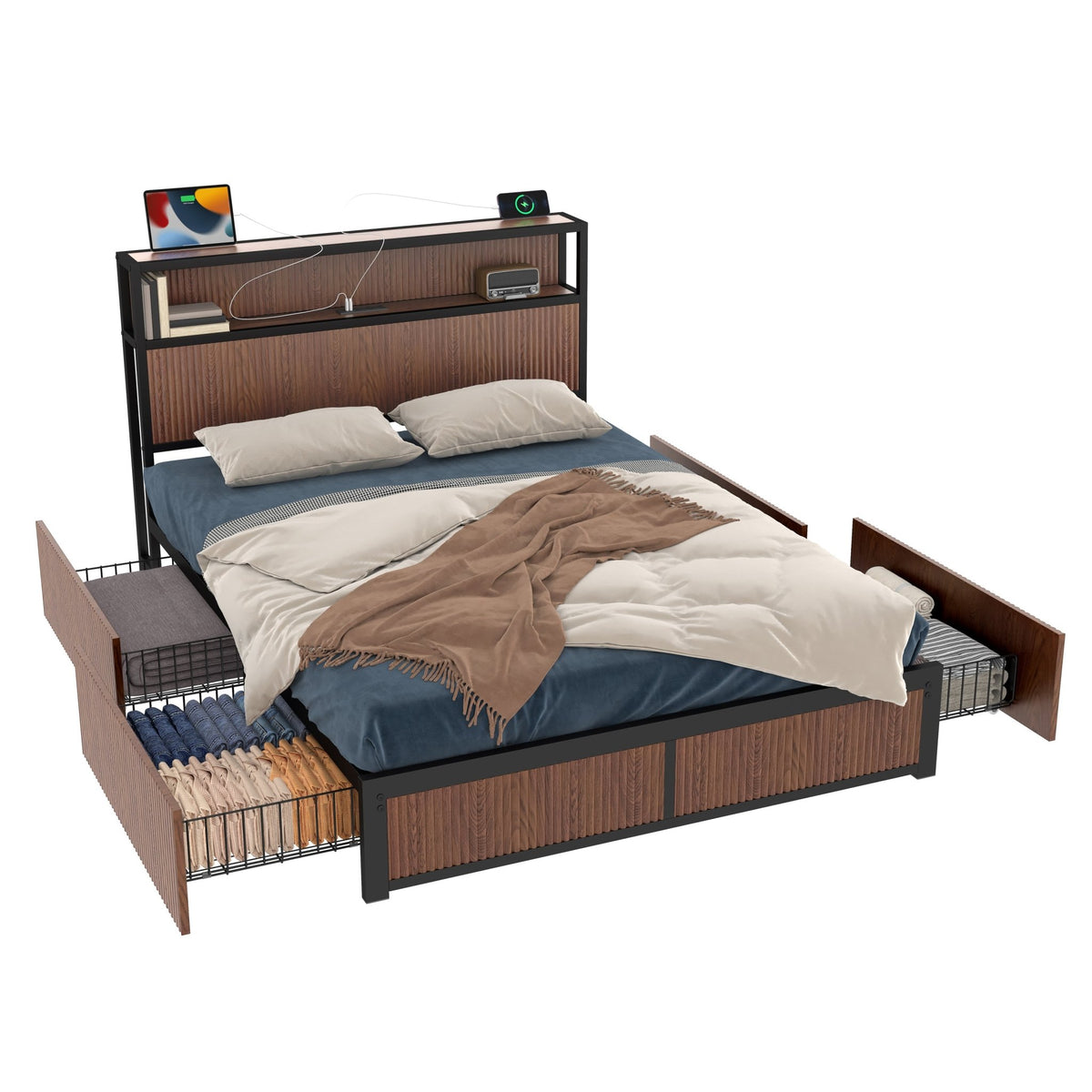 Walnut Queen Storage Platform Bed by Anthony & Home with sleek design and built-in storage drawers in a modern bedroom setting.