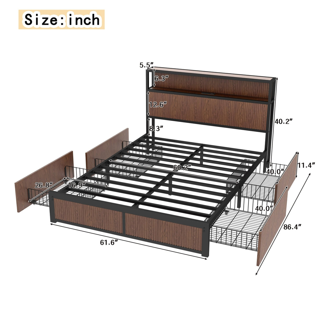 Queen Storage Platform Bed by Anthony & Home featuring walnut finish and built-in storage drawers in a modern bedroom setting.