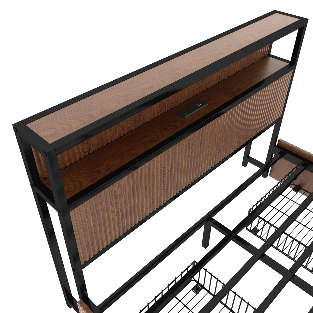 Queen storage platform bed by Anthony & Home in walnut finish with built-in drawers and sleek modern design.