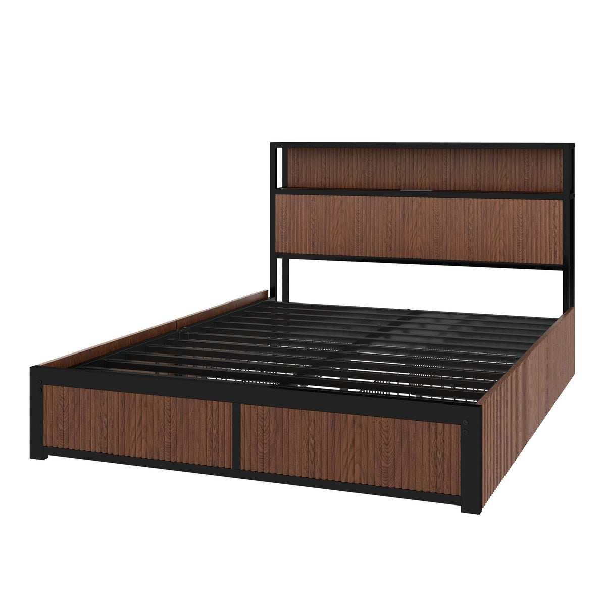 Queen storage platform bed in walnut wood by Anthony & Home, featuring a sleek design with built-in storage drawers.