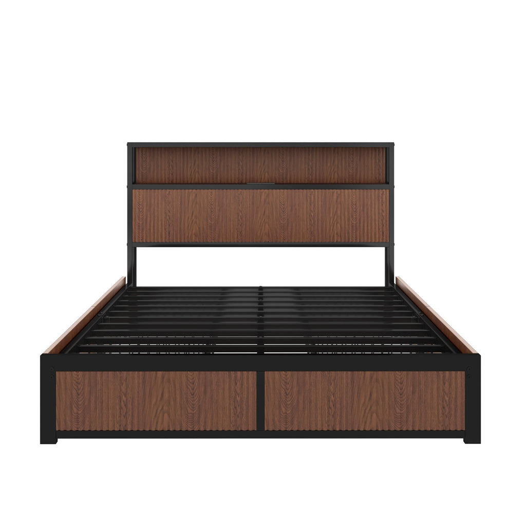 Queen Storage Platform Bed by Anthony & Home in walnut finish, showcasing a sleek bedroom with built-in storage drawers.
