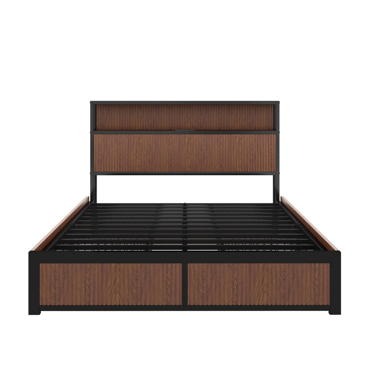 Queen Storage Platform Bed by Anthony & Home in walnut finish, showcasing a sleek bedroom with built-in storage drawers.