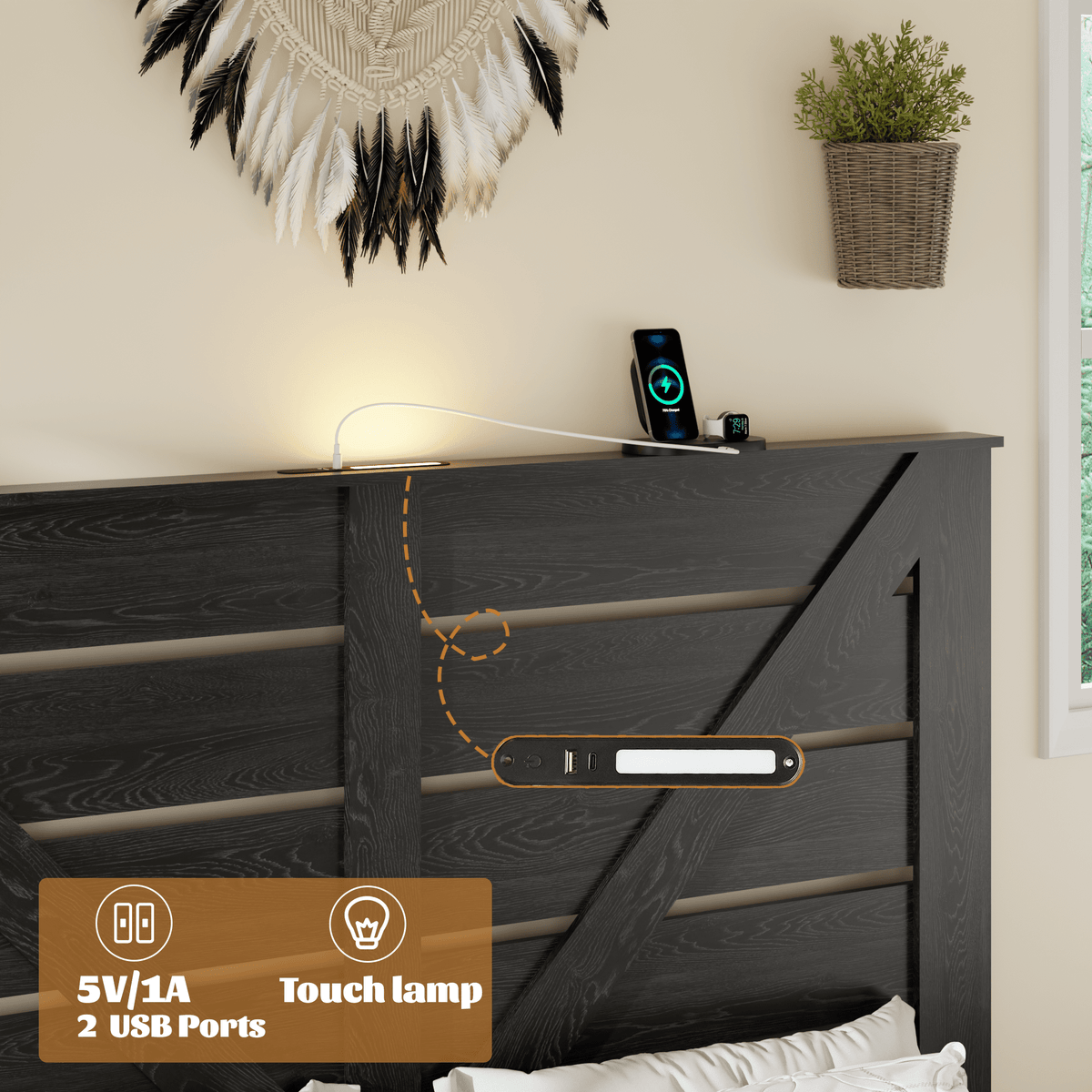 Black Queen wood frame platform bed with built-in storage from Anthony & Home, featuring a sleek and modern design in a studio setting.