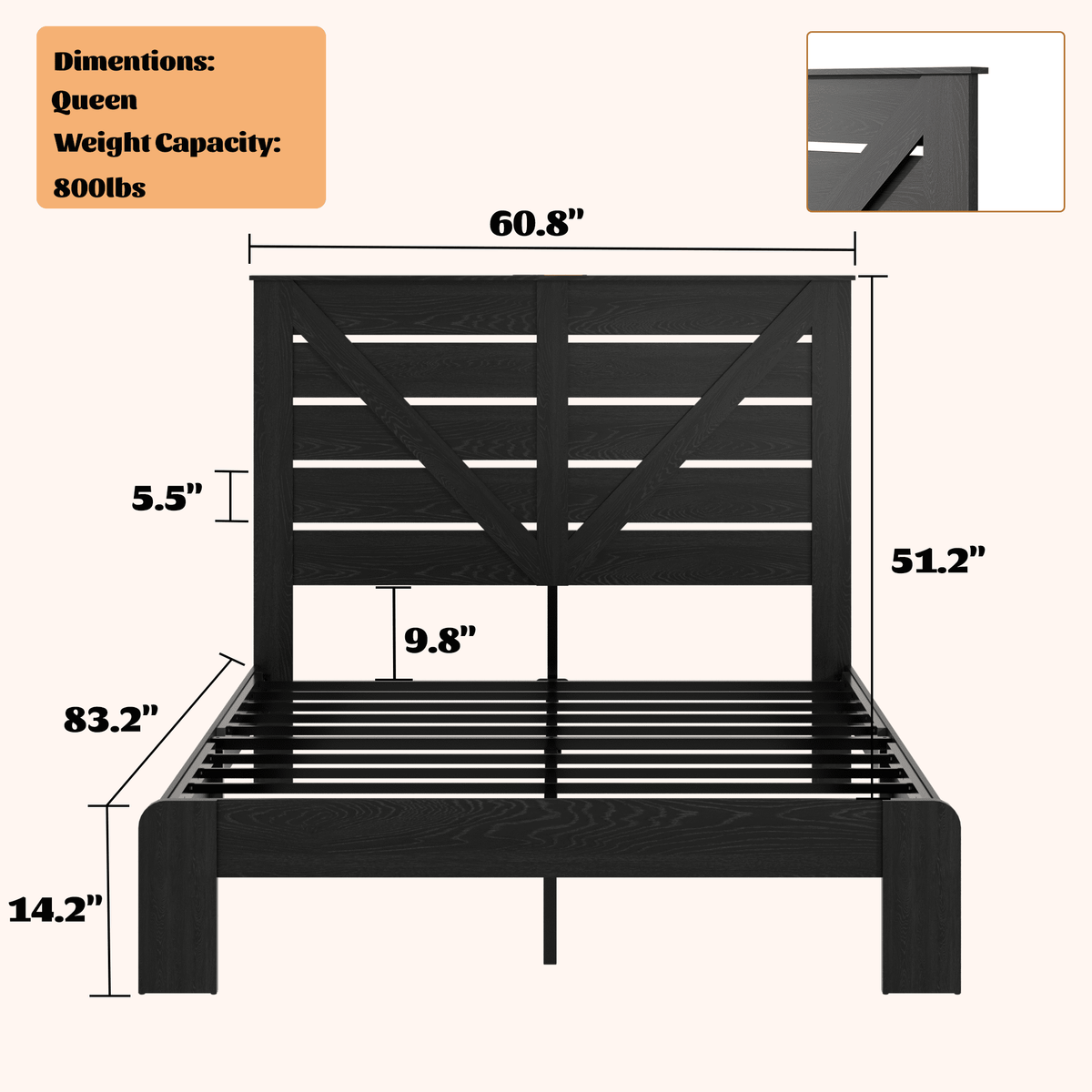 Black Queen wood frame platform bed with built-in storage from Anthony & Home, featuring sleek design and sturdy construction.