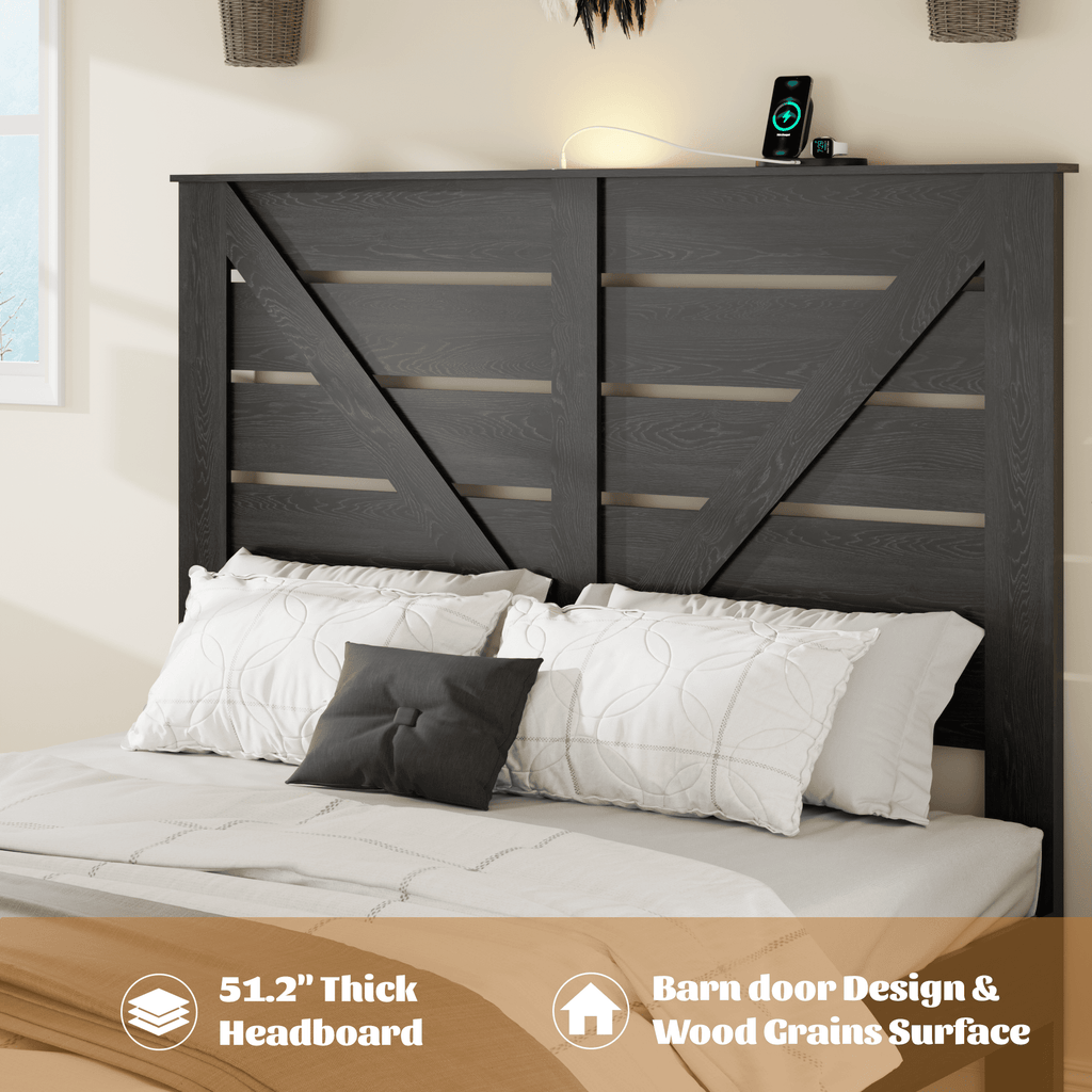 Queen wood frame platform bed with built-in storage in black, designed by Anthony & Home, shown in a modern bedroom setting.