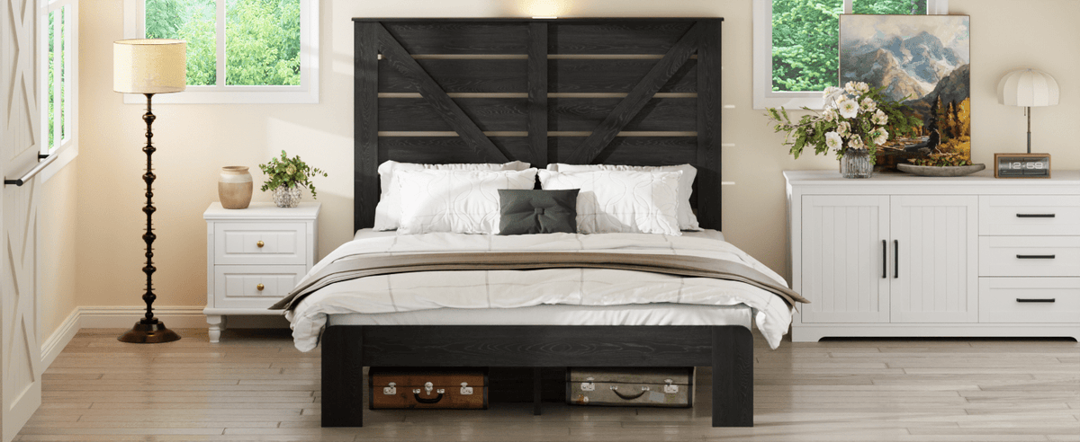 Black Queen wood frame platform bed with built-in storage from Anthony & Home, showing a sleek, modern bedroom setup.
