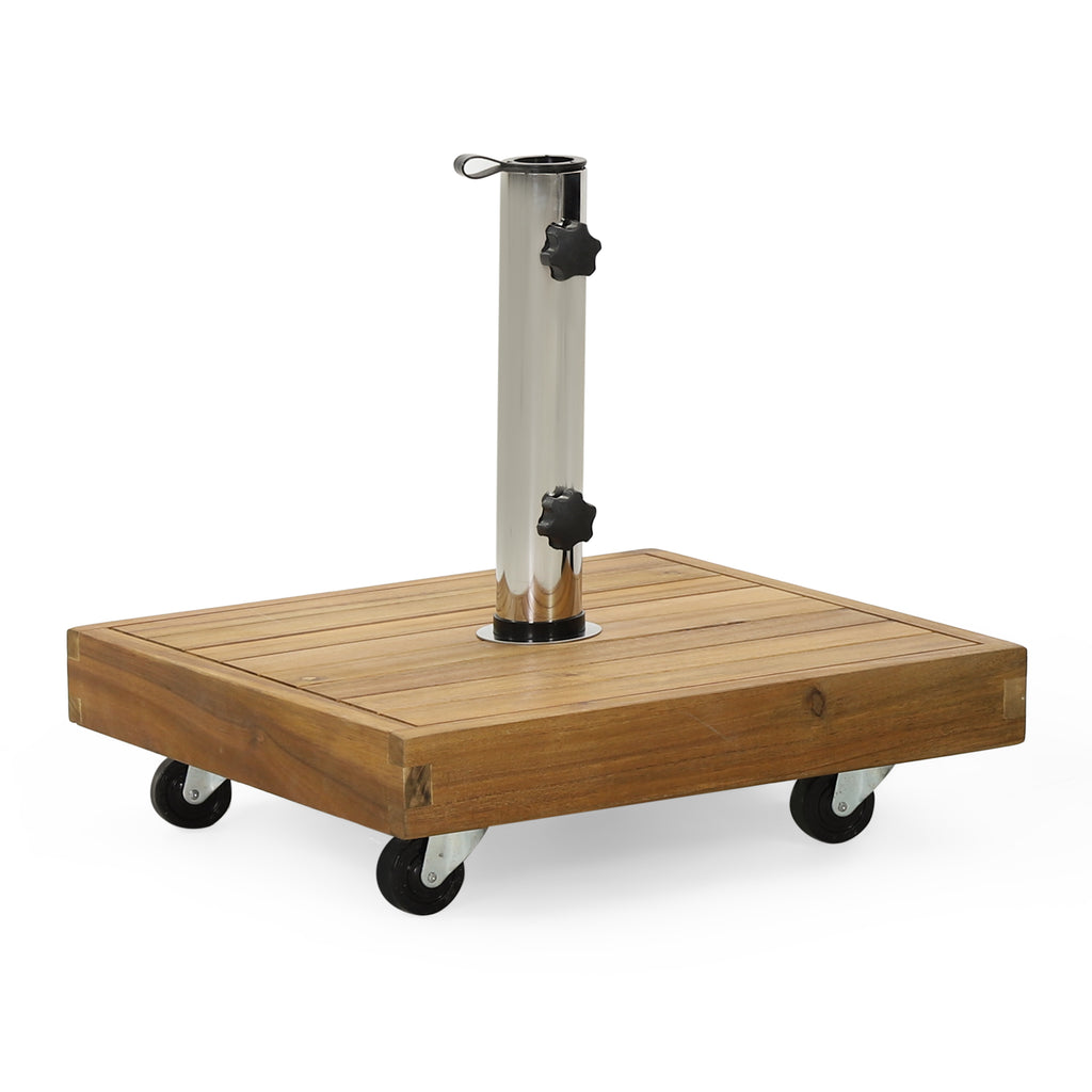Anthony & Home Ralph Square Teak Umbrella Base with sturdy design and natural wood finish, ideal for outdoor patio umbrellas.