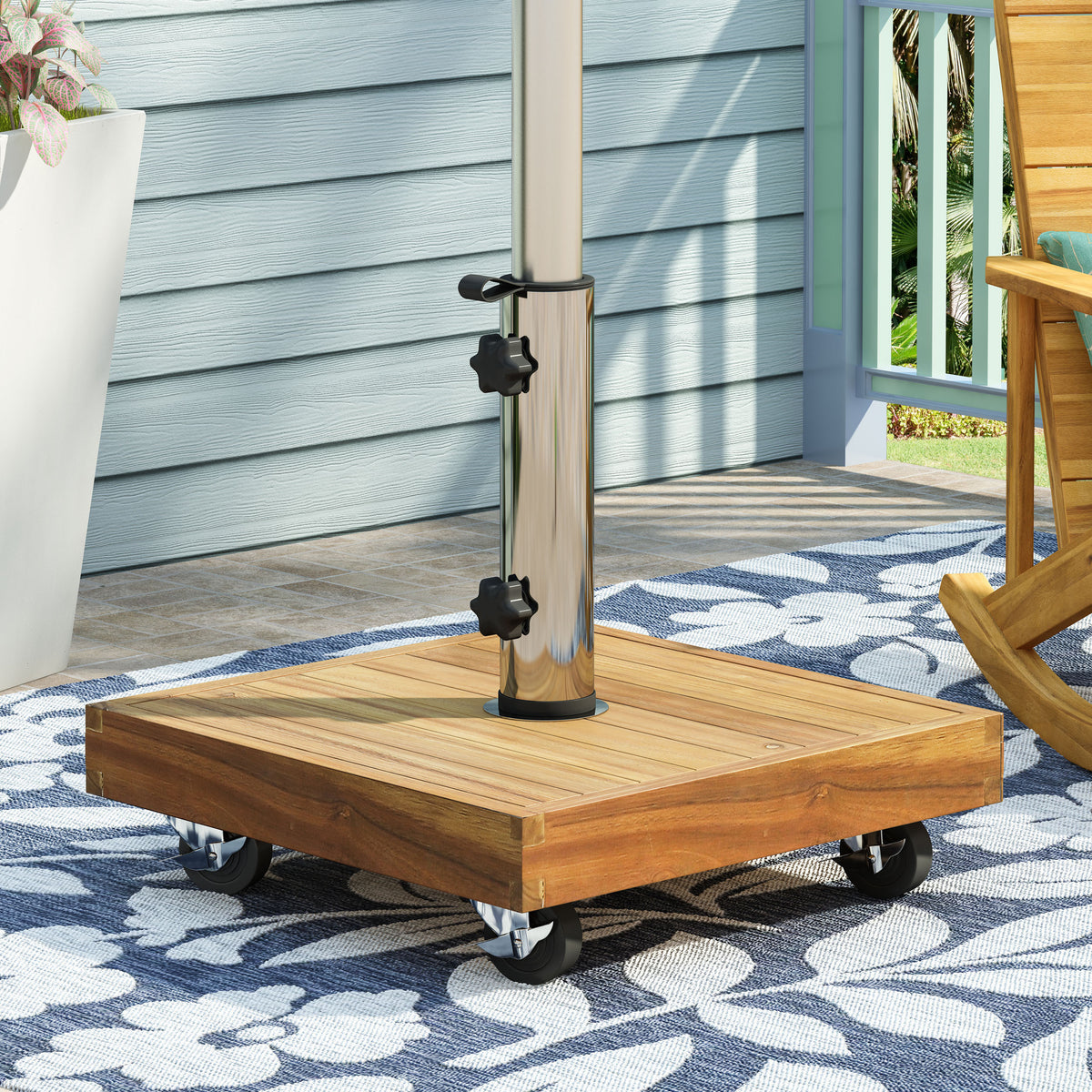 Anthony & Home Ralph Square Teak Umbrella Base featuring a sturdy teak construction and modern square design for patio umbrellas.