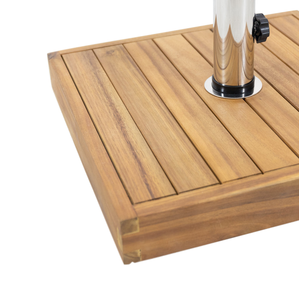 Anthony & Home Ralph Square Teak Umbrella Base, sturdy wooden stand with a square design for outdoor umbrella support.