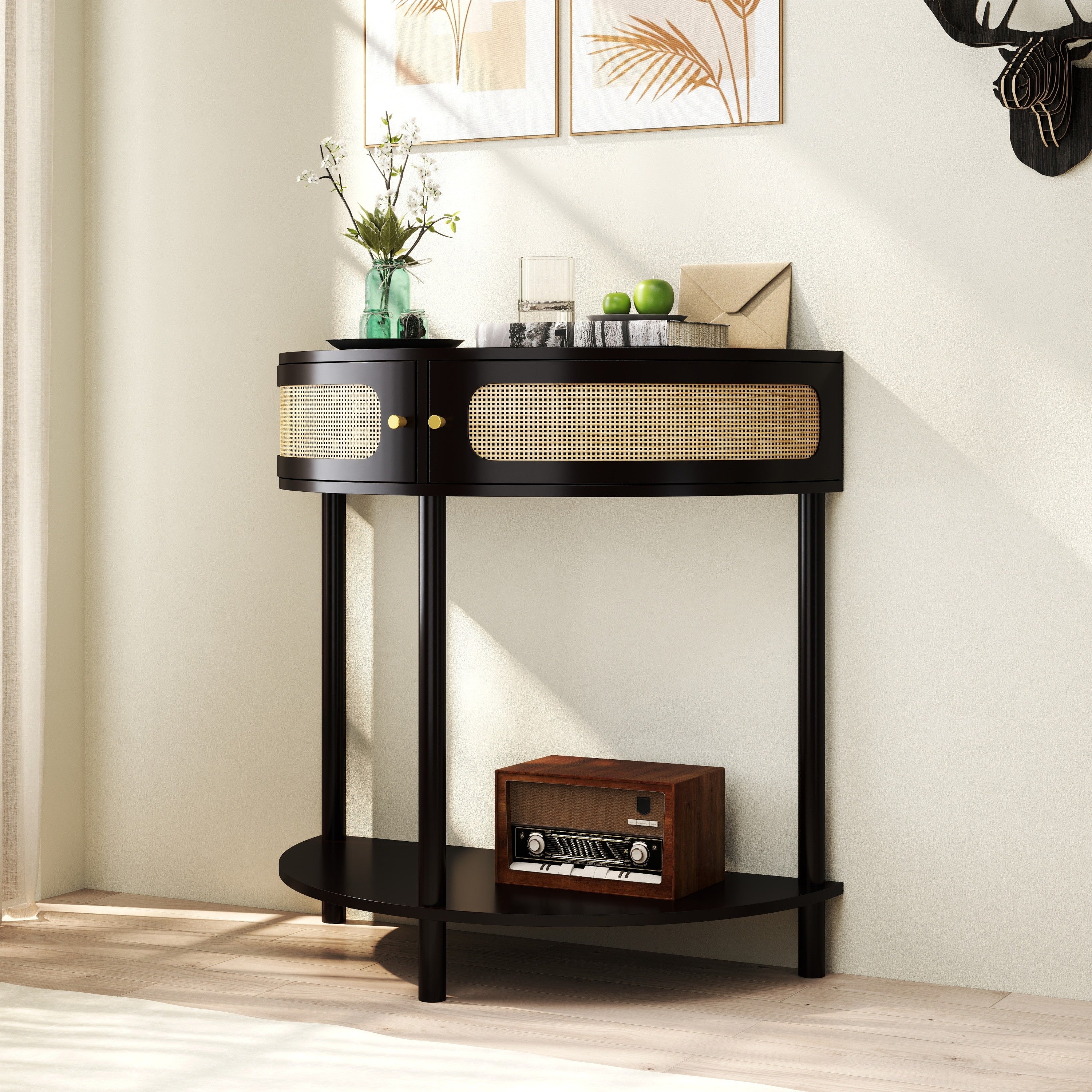 Rattan semi-circle end table with sliding door by Anthony & Home, featuring natural woven rattan and modern design.
