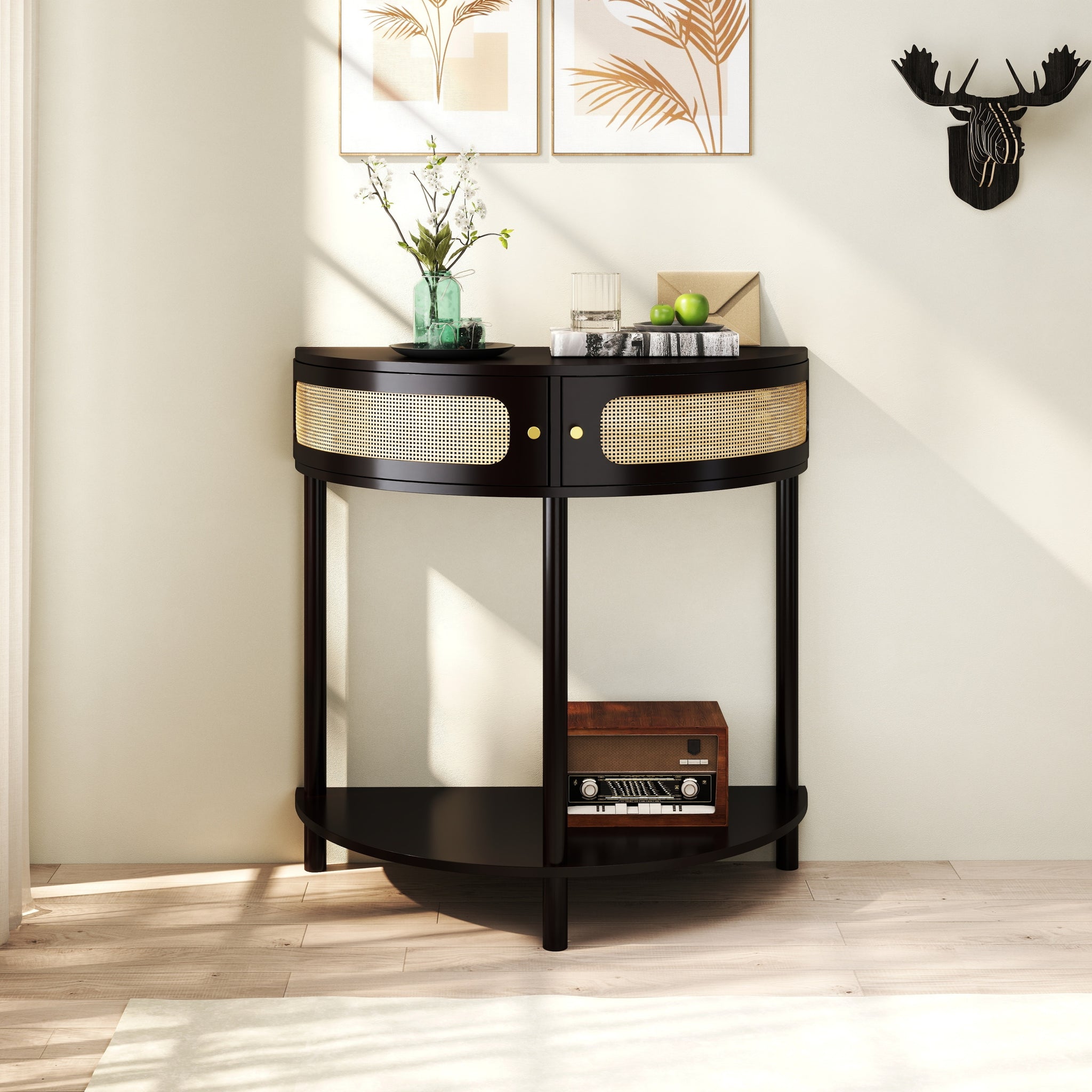Rattan semi-circle end table with sliding door, natural finish, from Anthony & Home, showcasing stylish, modern furniture design